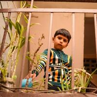 linda 5 5 año antiguo asiático pequeño chico es riego el planta en el ollas situado a casa balcón, amor de dulce pequeño chico para el madre naturaleza durante riego dentro plantas, niño plantando foto