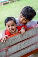 dos contento Niños en sociedad parque, contento asiático hermanos quien son sonriente felizmente juntos. hermanos jugar al aire libre en verano, mejor amigos. niñito bebé chico jugando con su contento hermano en el jardín foto