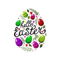 Vector egg with text Hello Easter and with colorful eggs, green leaves and branches, hearts on white background. Illustration in flat style. Spring clipart for design of card, banner, flyer, poster