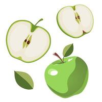 Set of juicy and healthy green apple and slices isolated on white background. Vector sliced fruit illustration in flat style. Summer clipart for design of card, banner, flyer, sale, poster, icons