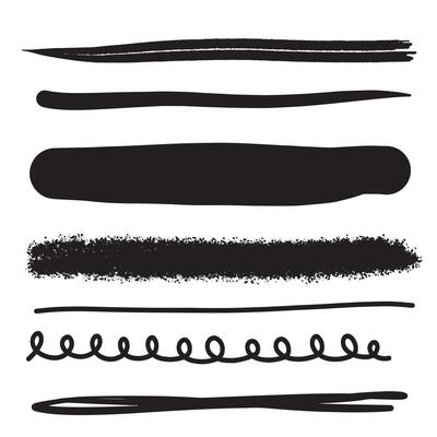 Set of artistic pen brushes. Hand drawn grunge strokes. Doodle lines, various dividers for web sites. Vector illustration