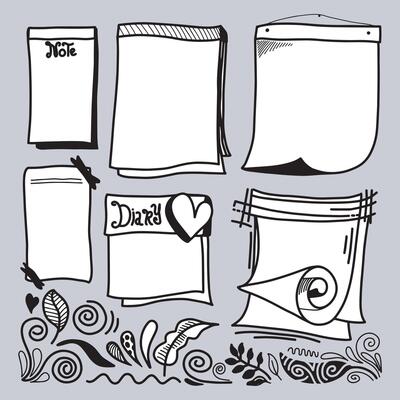 Hand drawn memo paper sheets, sticky note, reminder, to do list, sticky tape and border. Bullet journal elements in doodle style.
