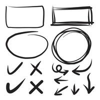 Set of hand drawn elements for selecting text.Hand drawn frames, circle and arrows on white background. vector