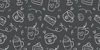 Doodle coffee and desserts seamless pattern. Coffee drawn with chalk on a black board. Sketch of different cups of coffee doodle vector illustration. Background for cafe shop, card, banner etc.