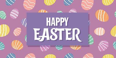 Happy Easter banner with colored decorative eggs on purple background. Easter eggs decorative background. Happy Easter header, poster, greeting card. Trendy Easter design vector