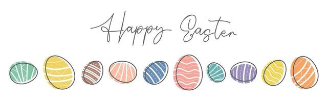 Happy Easter eggs banner, border, header. Decorative horizontal banner with Easter decorative eggs isolated on white background. Set of simple colorful doodle eggs. vector