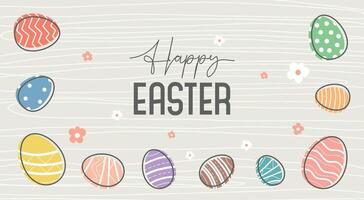 Easter illustration on pastel background with colored decorative eggs. Easter eggs outline banner. Happy Easter banner, poster, greeting card. Trendy Easter design with text, floral elements, eggs vector