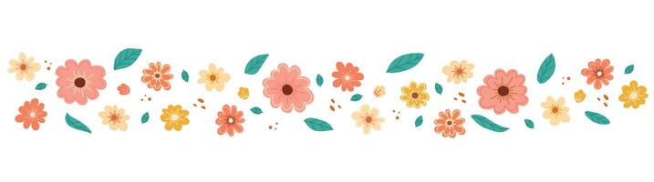 Flowers decorative border for mail list, card, banner, invitation. Spring flowers and leaves seamless border pattern. Colorful garden flowers in a row. Floral illustration isolated on white. vector