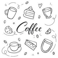 café y postres en garabatear estilo dibujado. bosquejo de diferente tazas de café y capuchino. Arte antecedentes para café comercio, tarjeta, bandera etc. vector