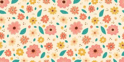 Gentle, spring floral background. Spring flowers and leaves seamless pattern. Colorful garden flowers in a row. Vector floral pattern in doodle style with flowers and leaves.