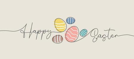 Happy Easter handwritten lettering line design. Easter eggs outline banner. Outline illustration on pastel background with colored decorative eggs vector