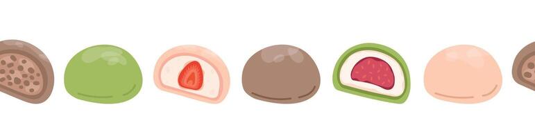 Japanese mochi seamless border. Colored mochi with different fillings in a row. Asian sweet food. Japanese Mochi in rice dough. Vector flat illustration