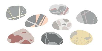 Sea stones set. Pebble with abstract elements. Flat illustration with sea stones. Set of the marine objects. Vector illustration isolated on white background