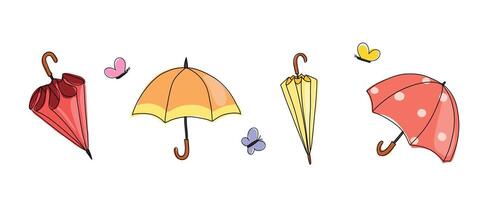 Doodle umbrellas in various positions. Open and folded umbrellas. Hand drawn colored Vector illustration.