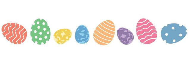 Easter eggs border. Decorative horizontal banner with Easter eggs isolated on white. Set of simple colorful doodle eggs. Easter decoration with painted eggs. Vector border for holiday.