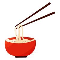 Noodles in bowl with chopsticks, tool for balanced bites vector