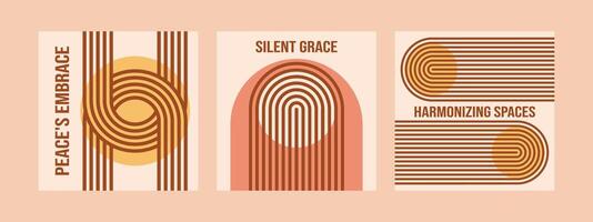 Minimalist geometric zen arches square post social media collection with text - Peace, Silent Grace, Harmonizing. Abstract boho shapes in a retro aesthetic. Vector concept design.