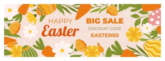 Easter sale horizontal banner template for promotion. Design with  painted eggs, flowers and carrots. Spring seasonal advertising. Hand drawn flat vector illustration