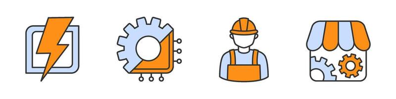 Collection of icon on topic electrical engineering in white, blue and orange colors. Set including lightning, chip and gear, handyman, parts store. vector