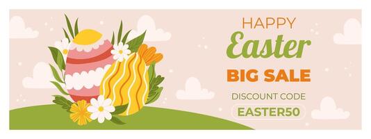 Easter sale horizontal banner template for promotion. Design with  painted eggs on green grass field with flowers and leaves. Spring seasonal advertising. Hand drawn flat vector illustration