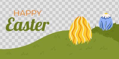 Easter horizontal background template. Design for celebration spring holiday with transparent frame for photo, painted eggs and green field, grass vector