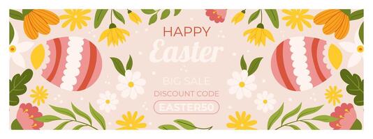 Easter sale horizontal banner template for promotion. Design with  two painted eggs, floral elements, symmetrical composition. Hand drawn flat vector illustration