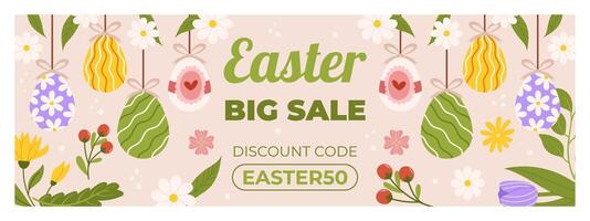 Easter sale horizontal banner template for promotion. Design with  painted eggs hanging by a string, flowers and leaves. Spring seasonal advertising. Hand drawn flat vector illustration