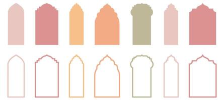 Compilation of traditional Islam window or door shapes. Set of Mosque Muslim frames in silhouette and outline. vector