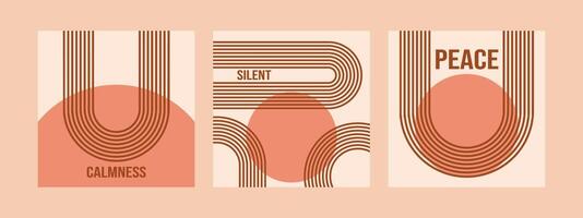 Minimalist geometric zen arches square post social media collection with text - Calmness, Silent and Peace. Abstract boho shapes in a retro aesthetic for versatile design use. Vector concept design.