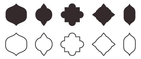 Compilation of traditional Islam window shapes. Set of Mosque Muslim frames depicted in silhouette and outline. vector