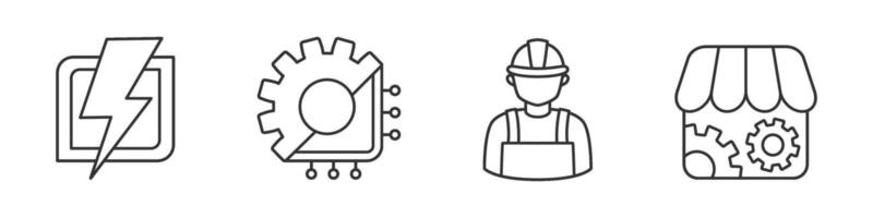 Collection of icon on topic electrical engineering in black and white colors. Set including lightning, chip and gear, handyman, parts store. vector