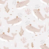 Seamless pattern with cute whales. Pattern for children. Hand drawn design in scandinavian style. Vector