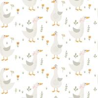 Seamless pattern with goose and flowers. Vector illustration