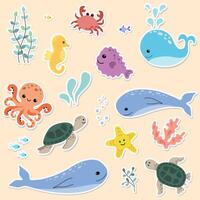 Cute cartoon underwater animals stickers pack. Hand drawn sea life elements for printing, poster, card, clothes. Vector illustration