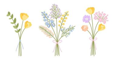 Wildflower bouquets. Set of three floral vector illustrations. Gentle flowers and leaves, meadow herbs, and wild plants for design projects