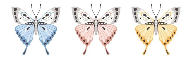 conjunto de uno mariposa en Tres colores, vector ilustración. hermosa alas con resumen ornamento, frente vista. elemento para tatuaje diseño. verano antecedentes