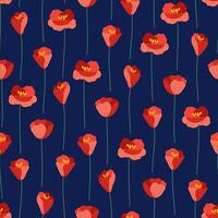 Wild red poppies on a dark blue background, seamless pattern. Summer bright floral vector illustration. Spring meadow botanical print, wildflower fabric. Modern style design