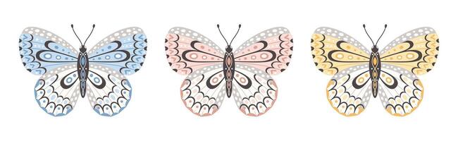 Set of butterflies, vector illustration. Fly insect wings with abstract ornament, front view, a symbol for tattoo design. Summer background