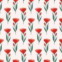 Red poppies with green leaves on a beige background, seamless pattern. Summer floral vector illustration. Spring meadow botanical print, wildflower wallpaper, fabric. Modern style design