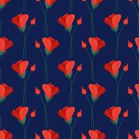 Seamless pattern with red alstroemeria flowers on a blue background. Summer floral vector illustration. Bright spring botanical print, modern style design