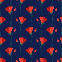 Seamless pattern with red alstroemeria flowers on a blue background. Summer floral vector illustration. Bright spring botanical print, modern style design