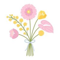Bouquet with anthurium, gerbera, poppy, wildflowers and herbs. Floral composition tied with ribbon. Delicate flowers, and wild meadow plants for design projects, vector illustration