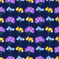 Colorful blooming herbs on a dark blue background, seamless pattern. Meadow botanical print, abstract wild plants. Summer bright floral vector illustration