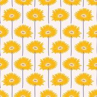 Seamless pattern with yellow gerbera flowers on a beige background. Summer bright floral vector illustration. Spring botanical print, modern style design