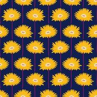 Seamless pattern with yellow gerbera flowers on a dark blue background. Summer bright floral vector illustration. Spring botanical print, modern style design