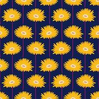 Seamless pattern with yellow gerbera flowers on a dark blue background. Summer bright floral vector illustration. Spring botanical print, modern style design