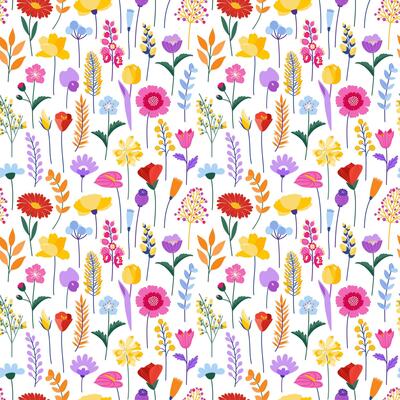 Wildflower seamless pattern. Meadow colorful flowers and herbs on a beige background. Floral summer vector illustration. Spring botanical background, modern style design