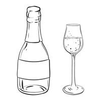 Monochrome illustration of a wine bottle and glass on a table vector