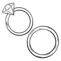 un monocromo ilustración de dos Boda anillos con un diamante centrar vector