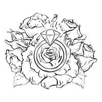 A monochrome sketch of a diamond ring nestled within a rose flower vector